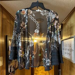 Maurices Black Lace-Trim Sheer Floral Cardigan